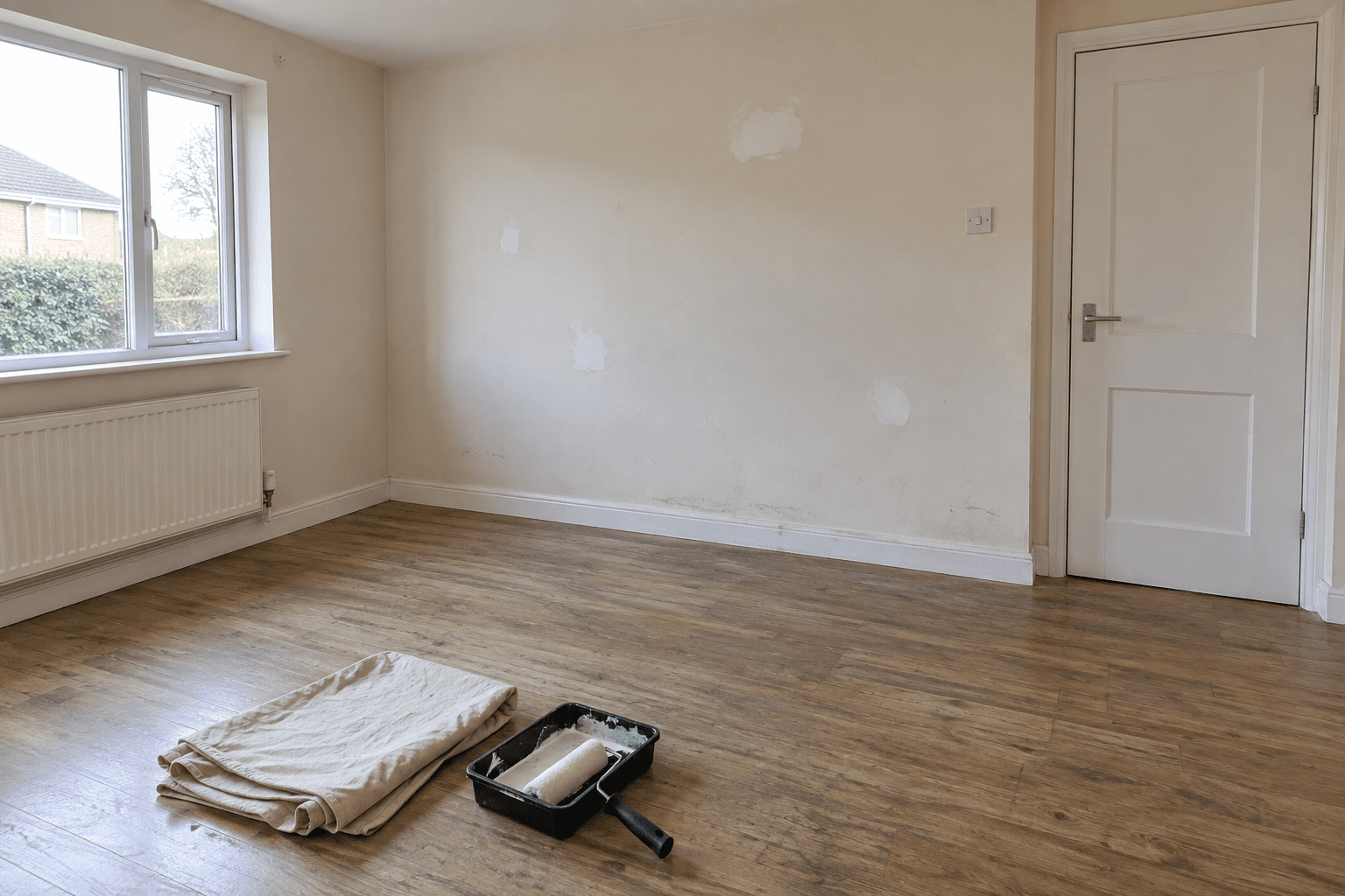 End-of-tenancy refurbishment: an empty rental room with filled wall patches and a roller tray before the next tenant