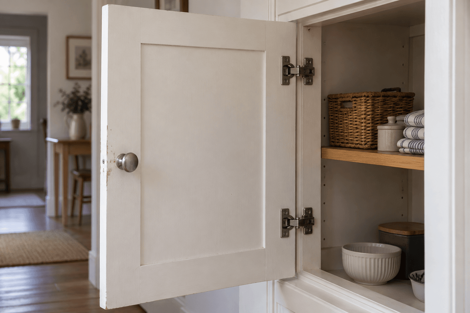 Carpentry illustration of a cupboard for repair or replacement, showing an open painted door, hinges and wear beside the handle.